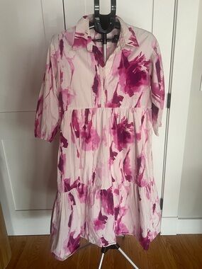 Anthropologie White Midi Dress with Magenta Watercolor Floral Print